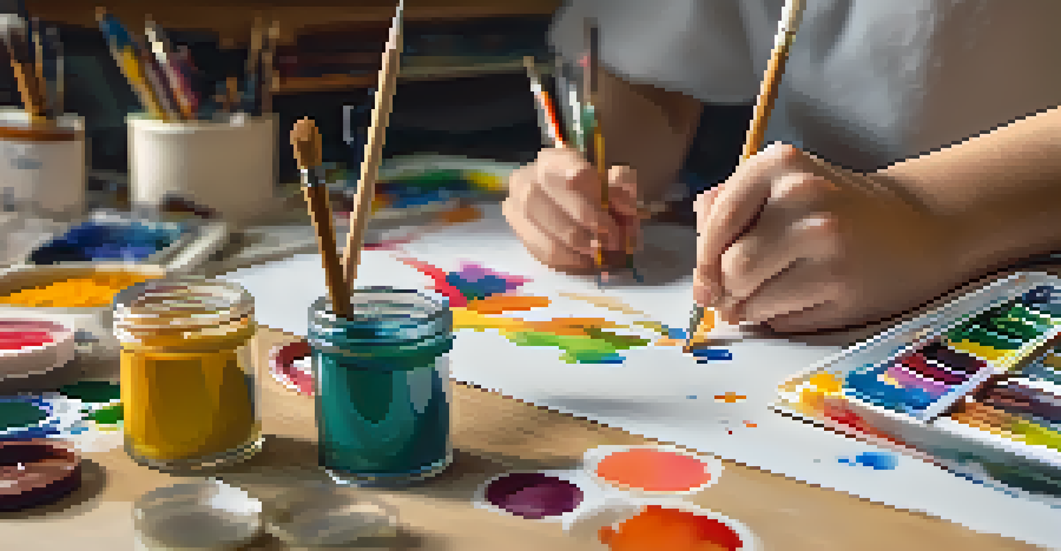 A close-up of a student's hands engaged in a creative project with colorful materials, showcasing concentration and artistic expression.