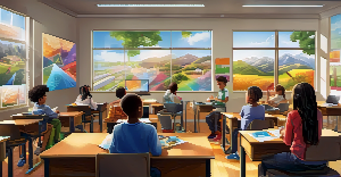 A bright classroom filled with diverse students actively participating in adaptive learning using technology.