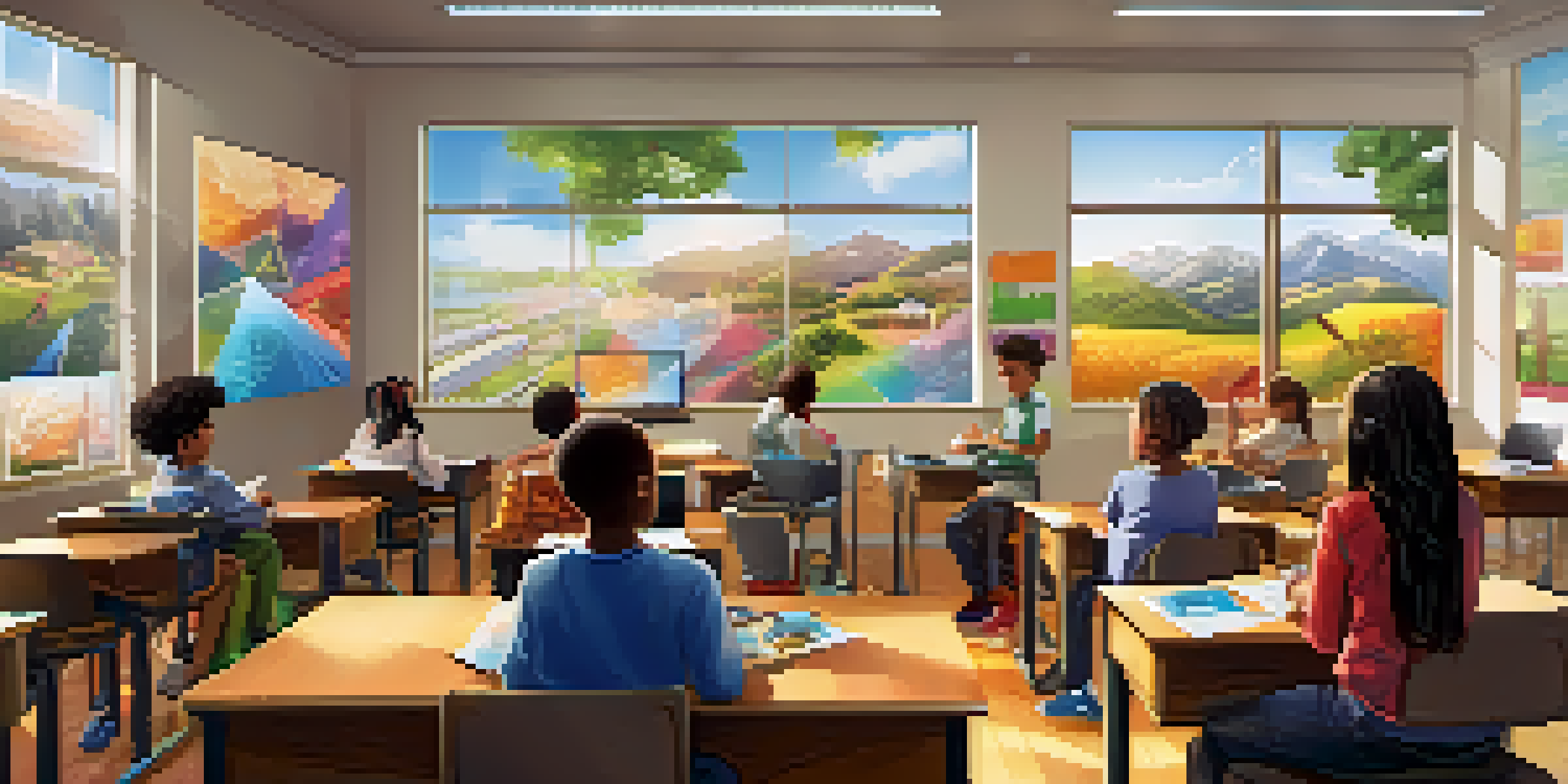 A bright classroom filled with diverse students actively participating in adaptive learning using technology.