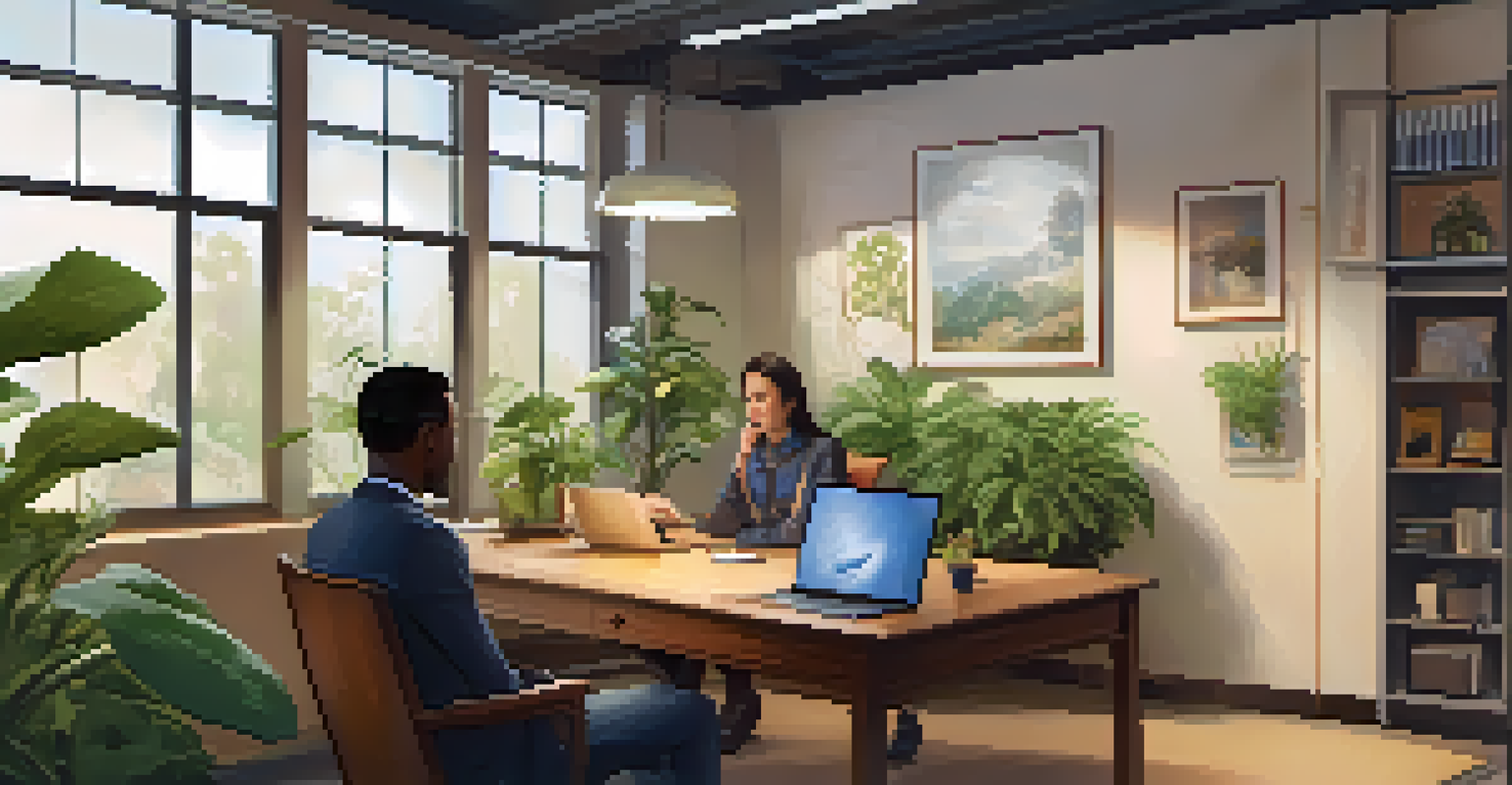 A mentor and new employee in a cozy office corner, engaged in a one-on-one discussion with a laptop.