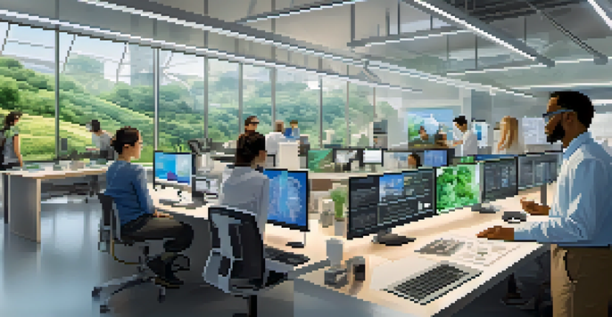 A diverse group of researchers working together in a modern office with augmented reality displays of 3D scientific models.