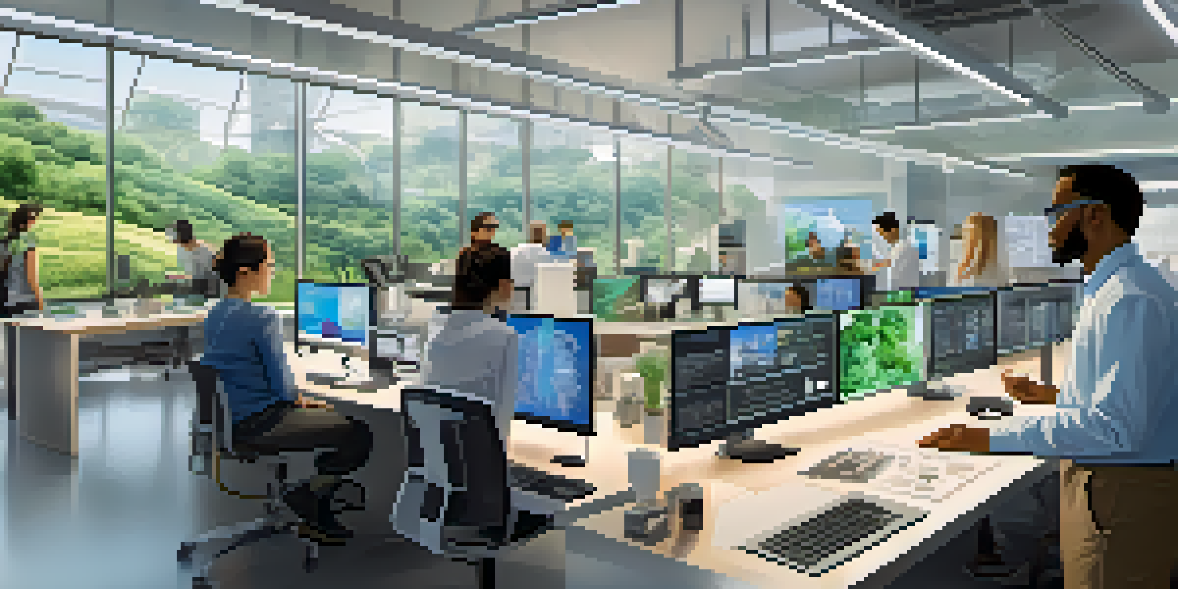 A diverse group of researchers working together in a modern office with augmented reality displays of 3D scientific models.