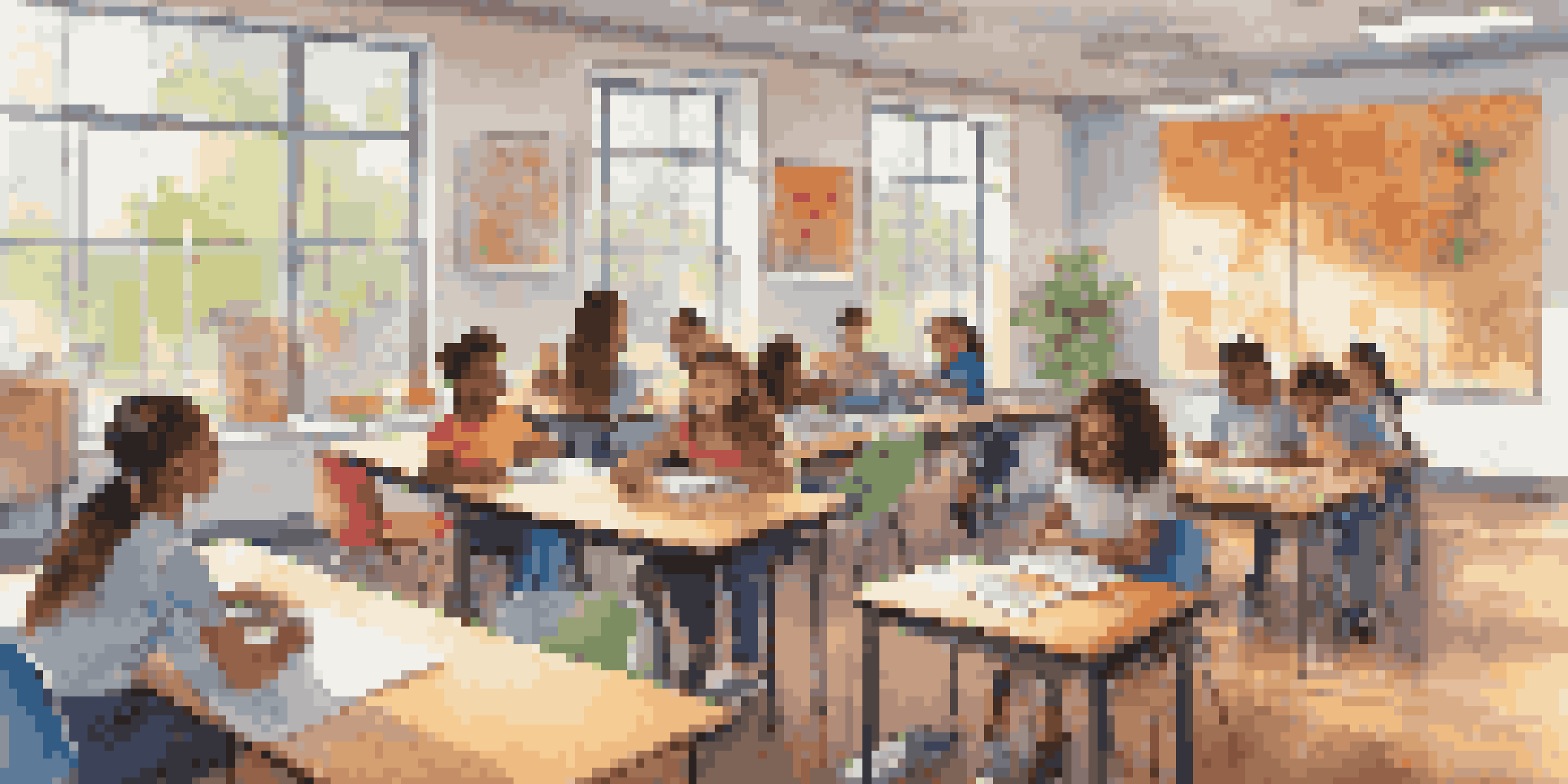 A colorful classroom with diverse students using laptops and collaborating in groups, emphasizing a positive learning environment.
