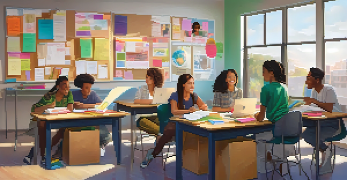 A colorful classroom filled with diverse students collaborating on a project, sharing ideas with enthusiasm.
