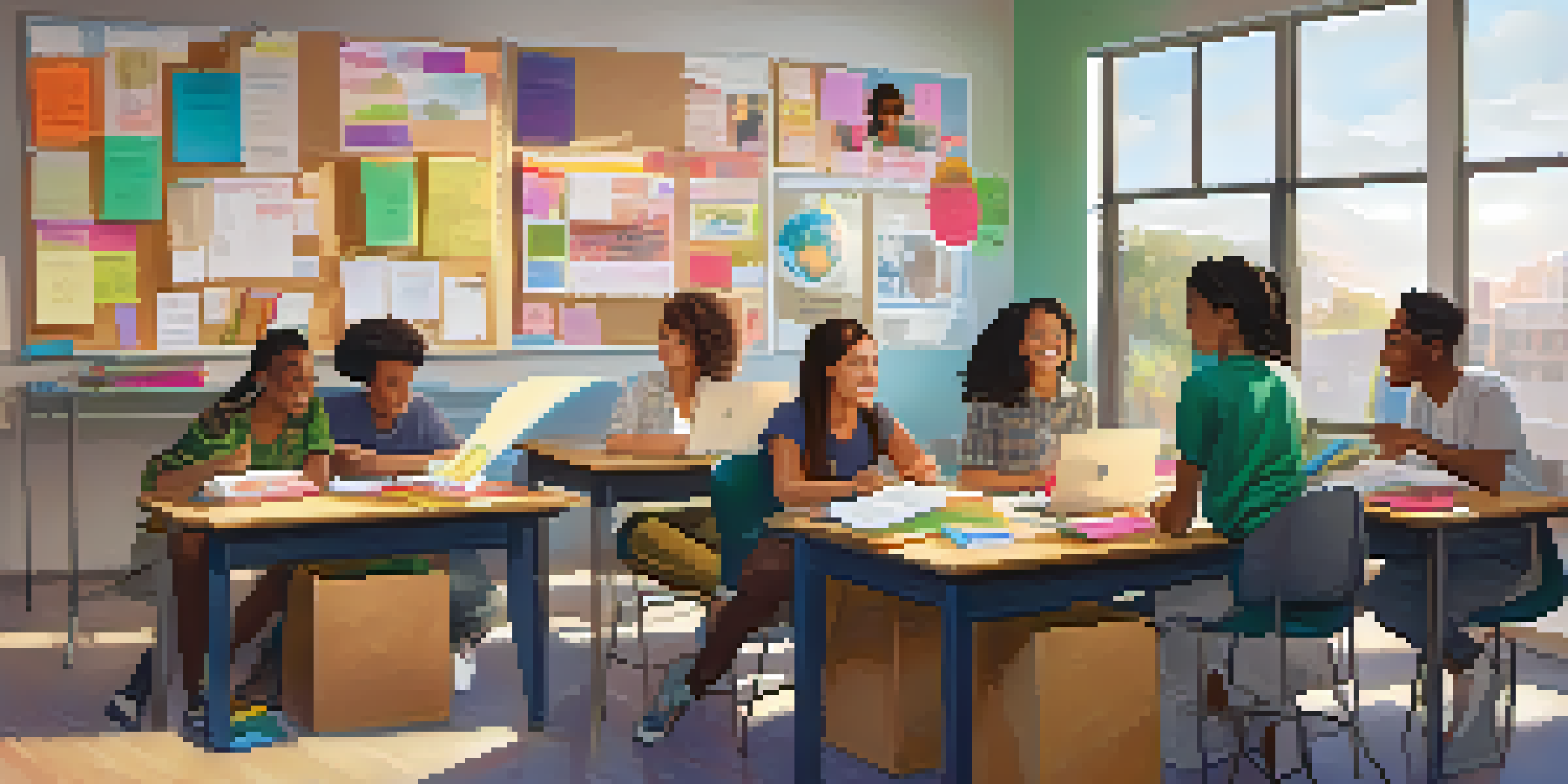 A colorful classroom filled with diverse students collaborating on a project, sharing ideas with enthusiasm.