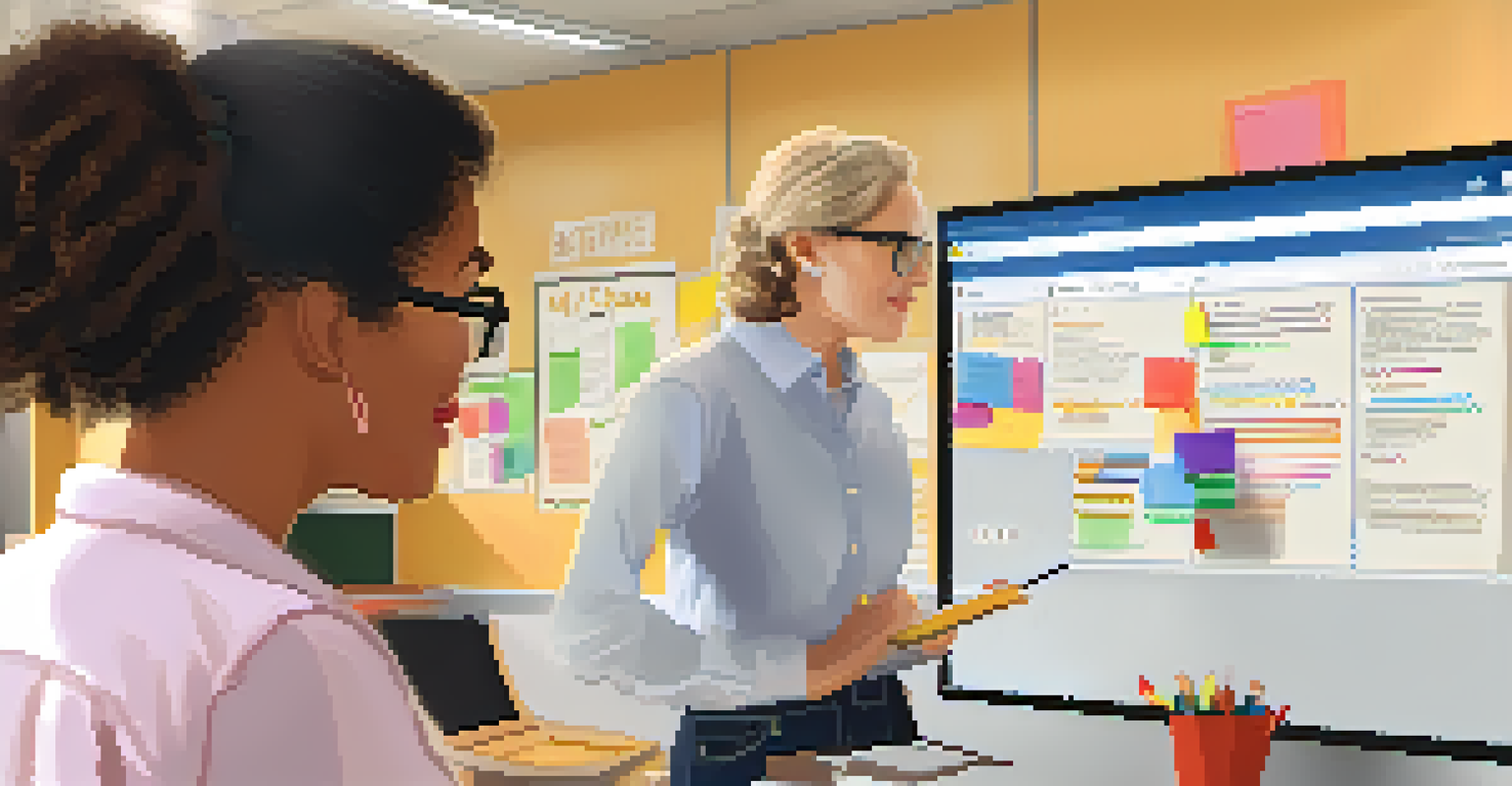 An educator giving feedback to a student at a laptop, surrounded by educational materials in a bright classroom.