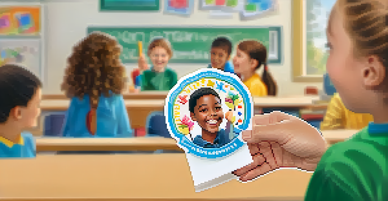 A teacher rewarding a smiling student with a sticker in a vibrant classroom setting.