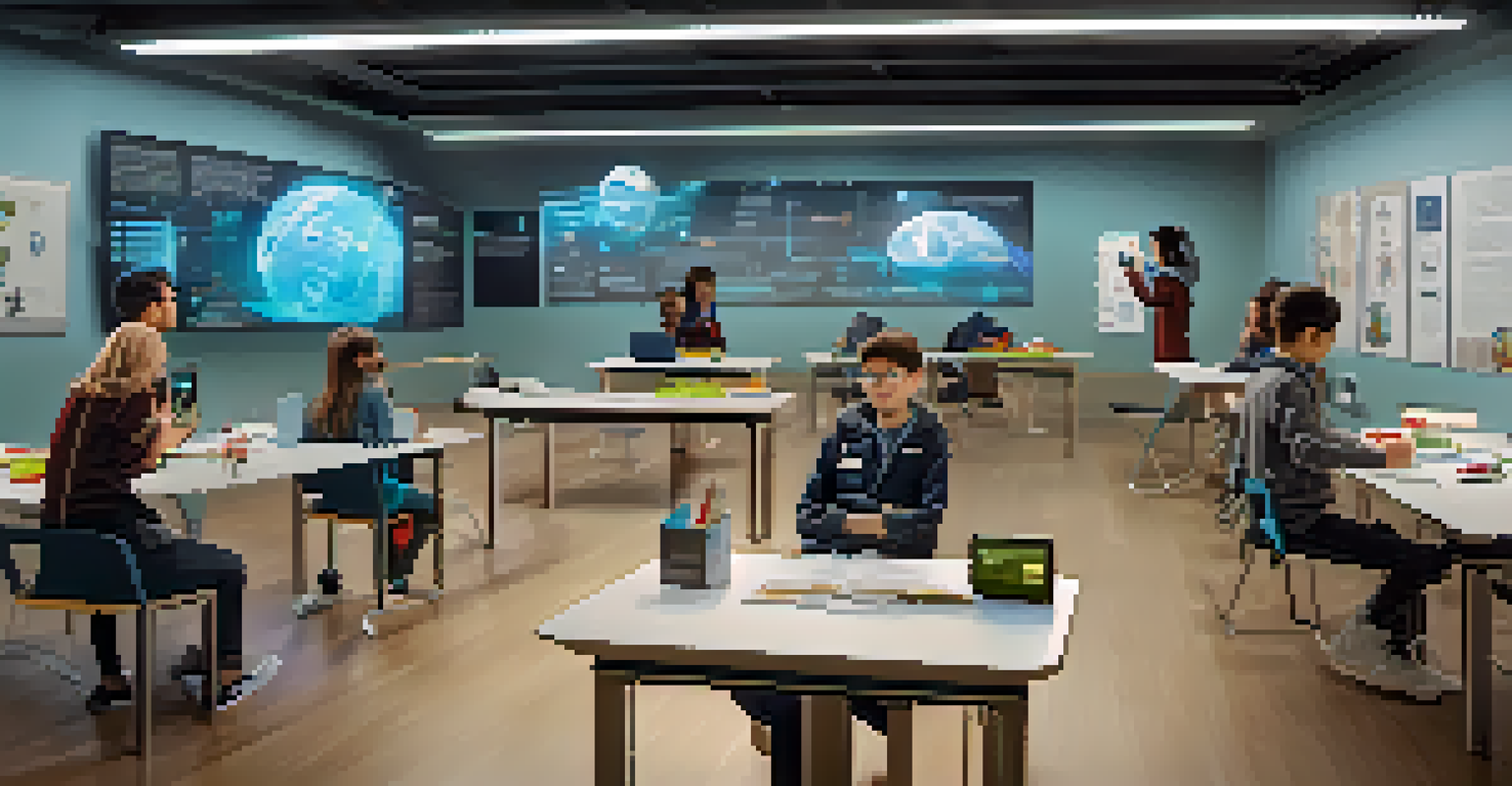 A modern classroom where students wear AR glasses, interacting with 3D models of historical figures and scientific concepts.