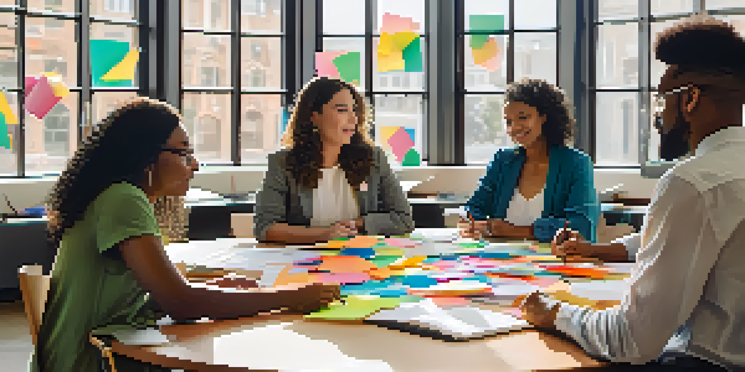 A diverse group of professionals engaged in a collaborative workshop, sitting around a round table filled with notebooks and laptops, in a bright room with large windows.