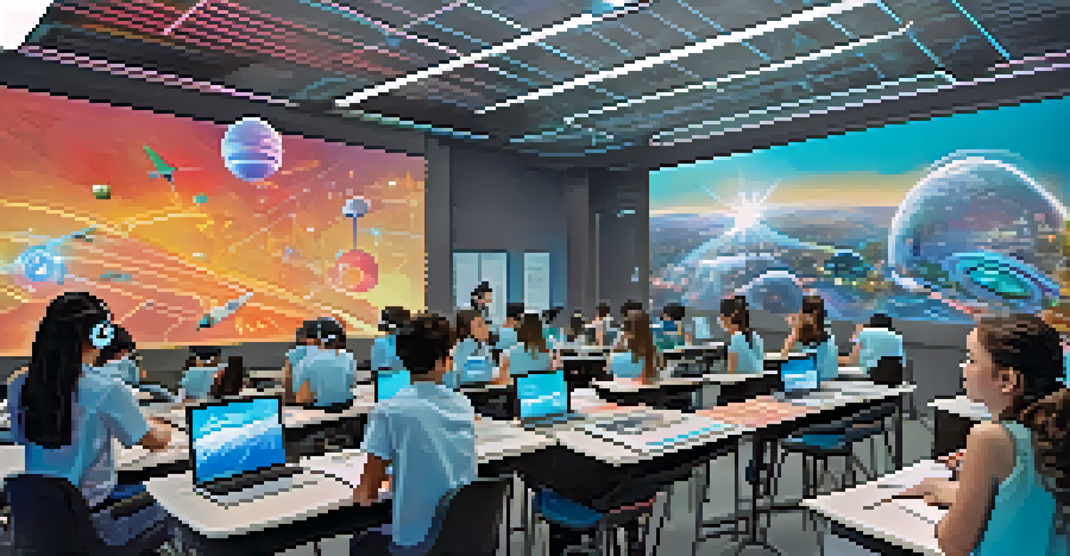Students wearing augmented reality headsets in a high-tech learning environment, engaged with holographic educational content.