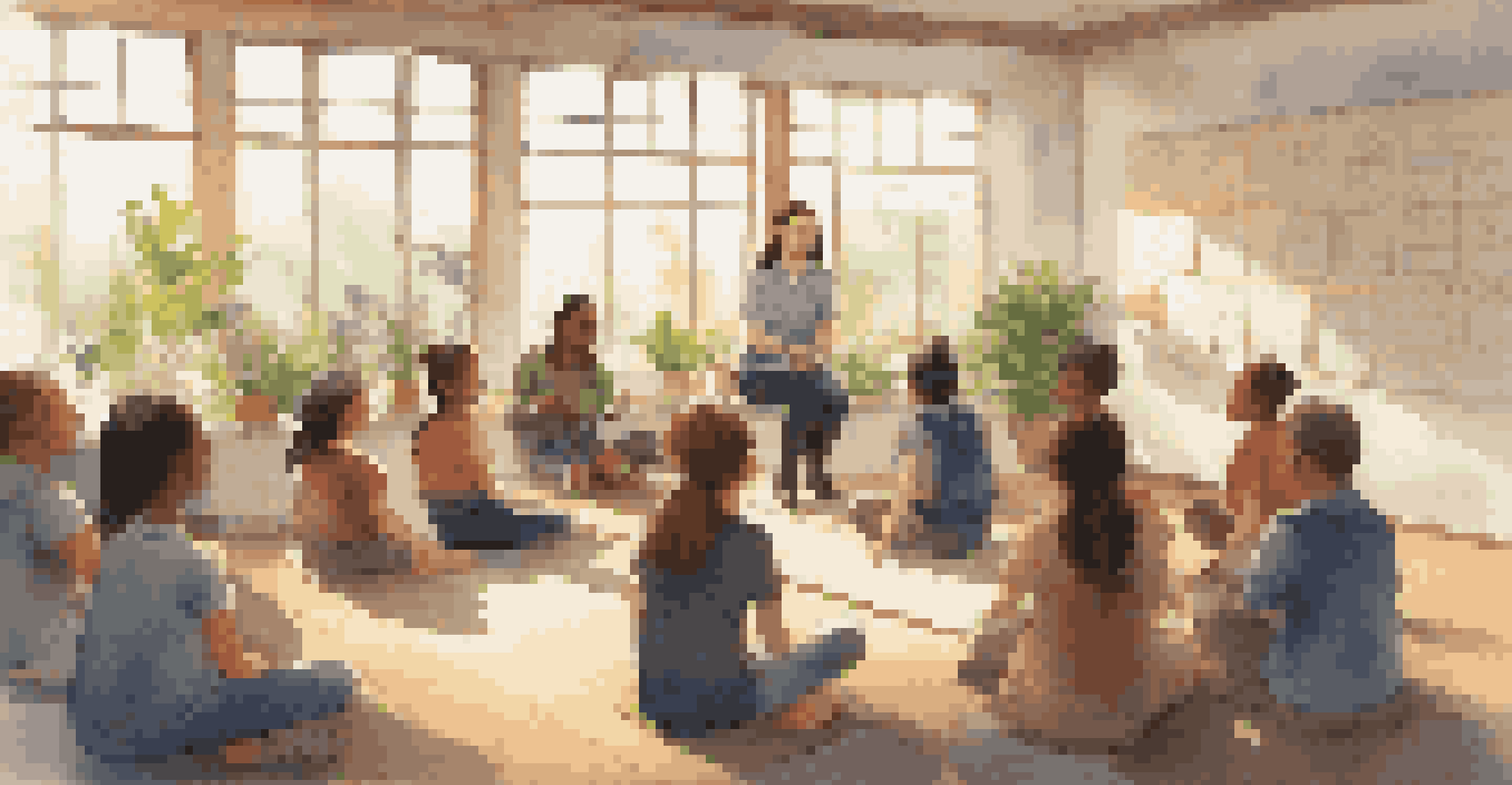 An educator leading a group discussion with students sitting in a circle in a bright classroom.