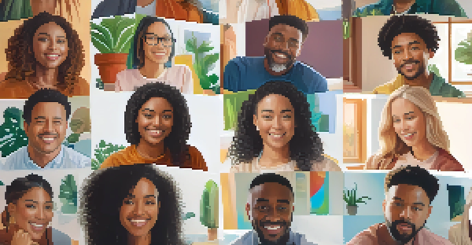 A diverse group of people engaged in a video call on a laptop, with expressions of concentration and engagement in a well-lit room.