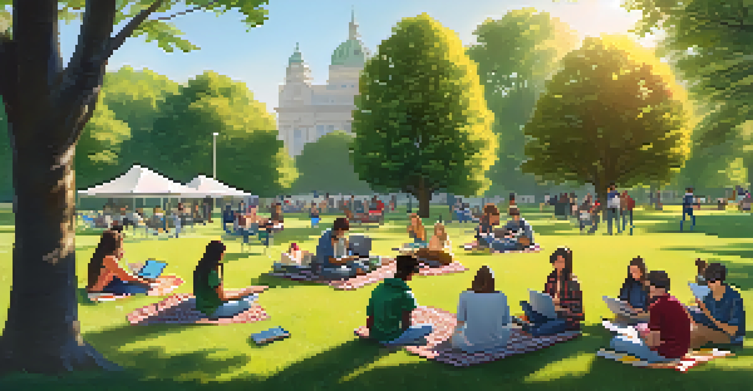 A group of students studying outdoors in a park, using laptops and tablets while collaborating on a project, surrounded by nature.