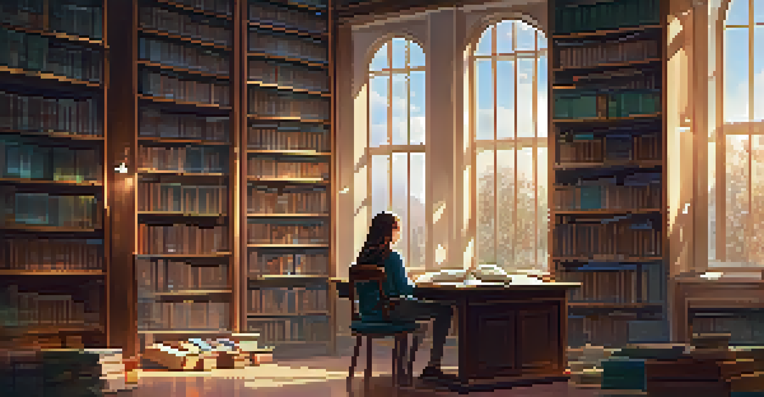A student sitting in a quiet library, reflecting thoughtfully while surrounded by books and notes.