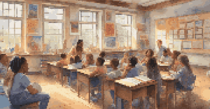 A lively classroom with a teacher telling a story to captivated students, surrounded by colorful STEAM-related posters and natural light.
