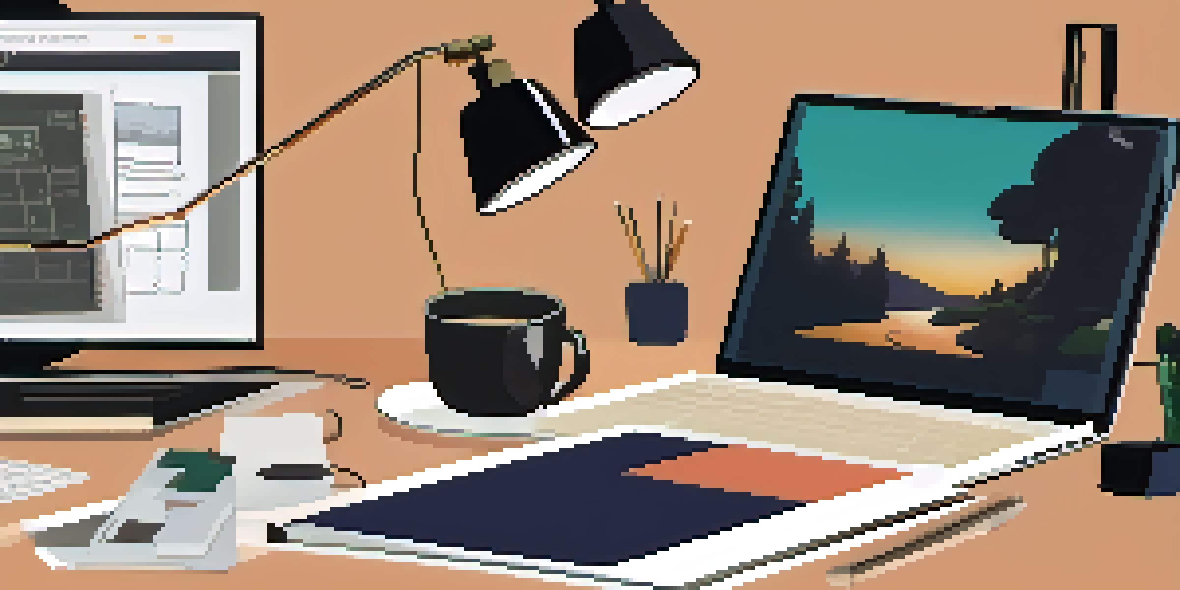 A graphic designer's hands on a laptop showing a portfolio, with a cup of coffee and sketchbooks on a stylish desk.