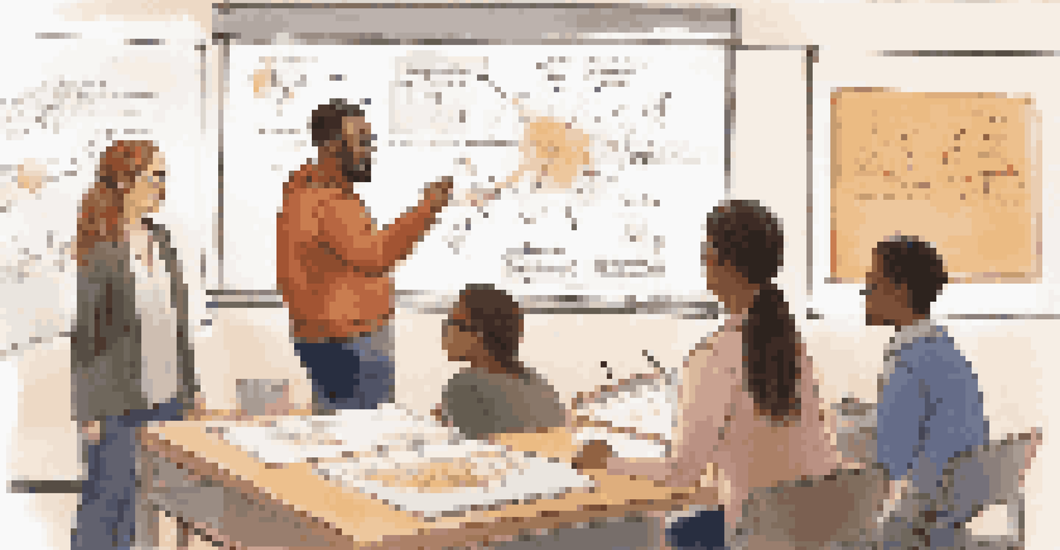 An educator facilitating a workshop with students from different disciplines, engaging around a whiteboard filled with notes and diagrams.