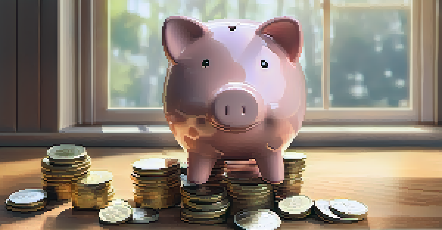 A piggy bank with coins on a wooden table, illuminated by natural light, representing saving and financial stability.