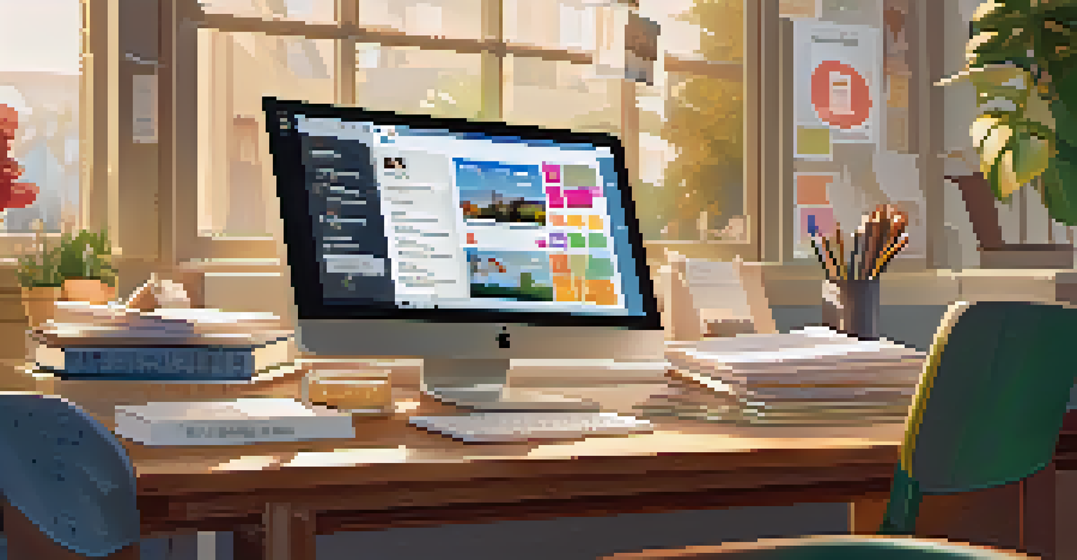 A computer screen displaying an educational social media interface surrounded by study materials in a cozy setting.