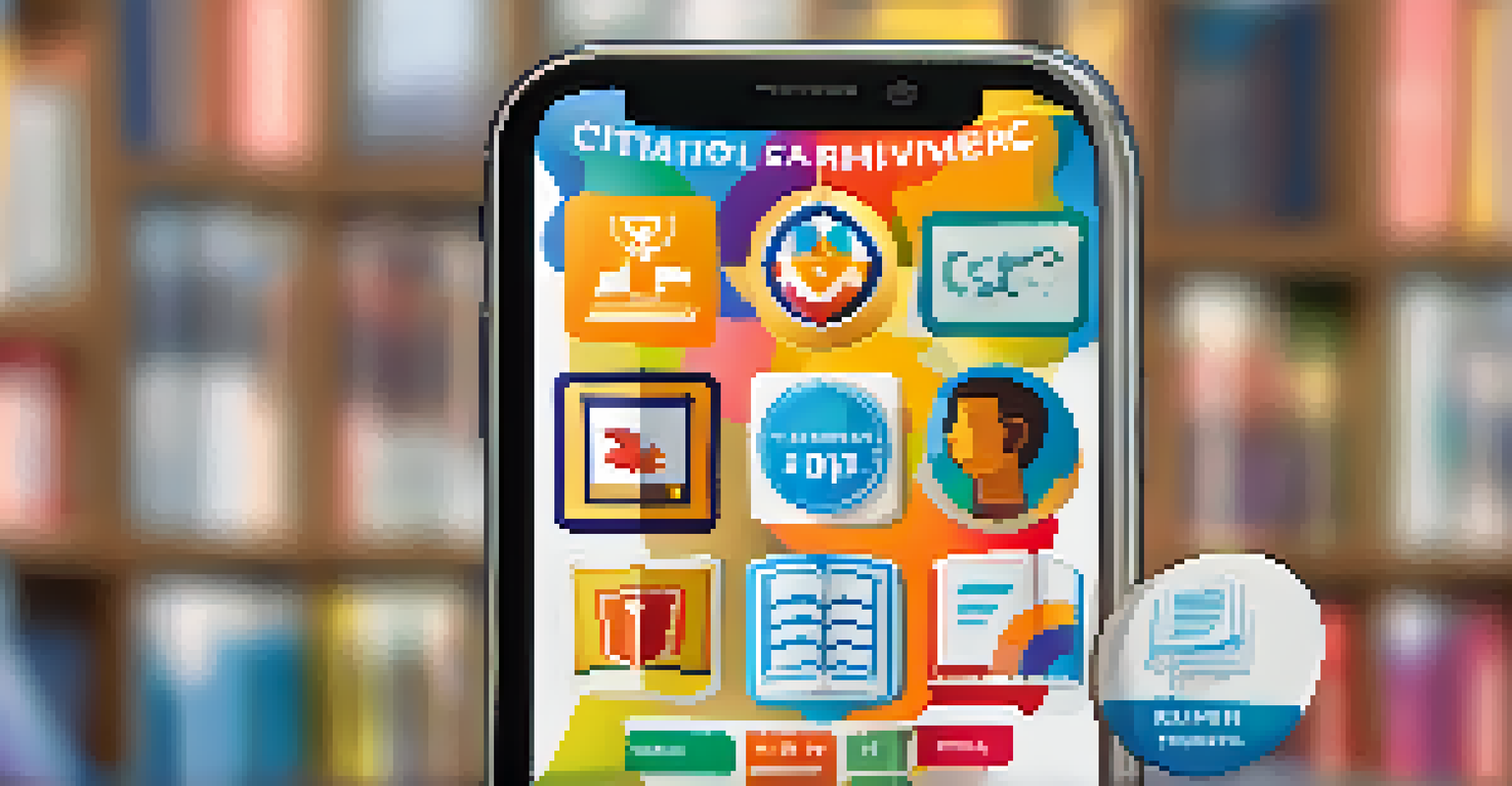 A smartphone displaying a colorful digital badge symbolizing student achievement, with blurred students celebrating in the background.