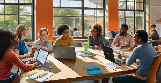 A diverse group of educators collaborating on educational materials at a large table, with laptops, notes, and a whiteboard filled with ideas.
