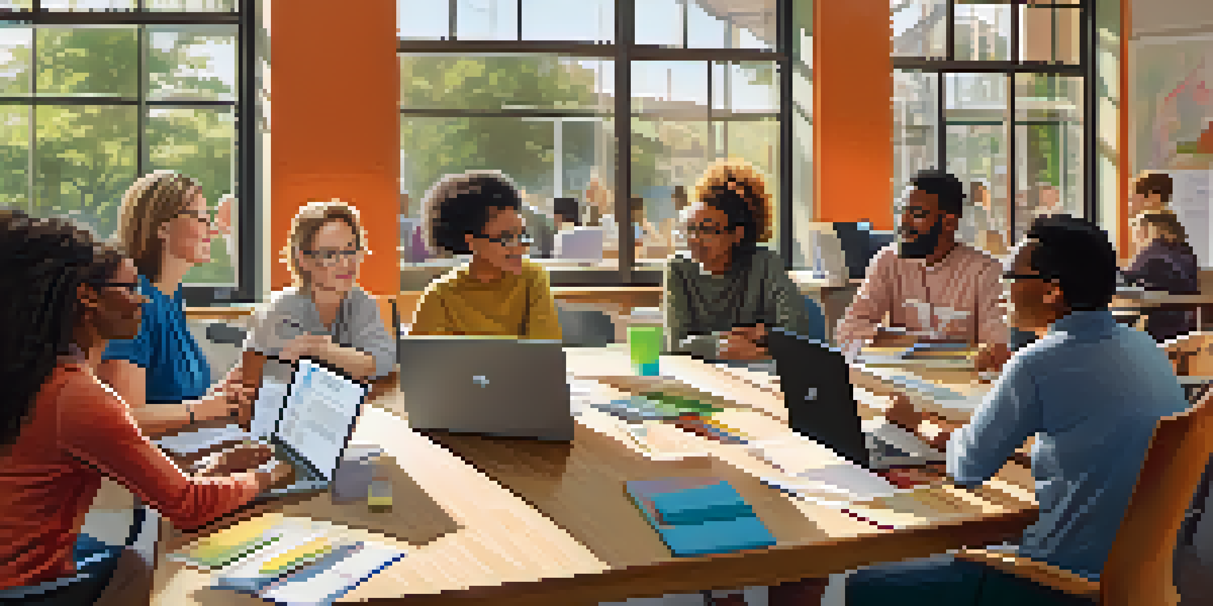 A diverse group of educators collaborating on educational materials at a large table, with laptops, notes, and a whiteboard filled with ideas.