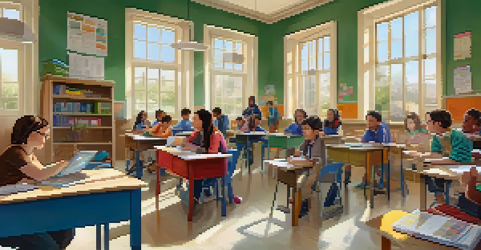 A classroom filled with diverse students using digital tablets and engaging with educational materials, illuminated by sunlight.