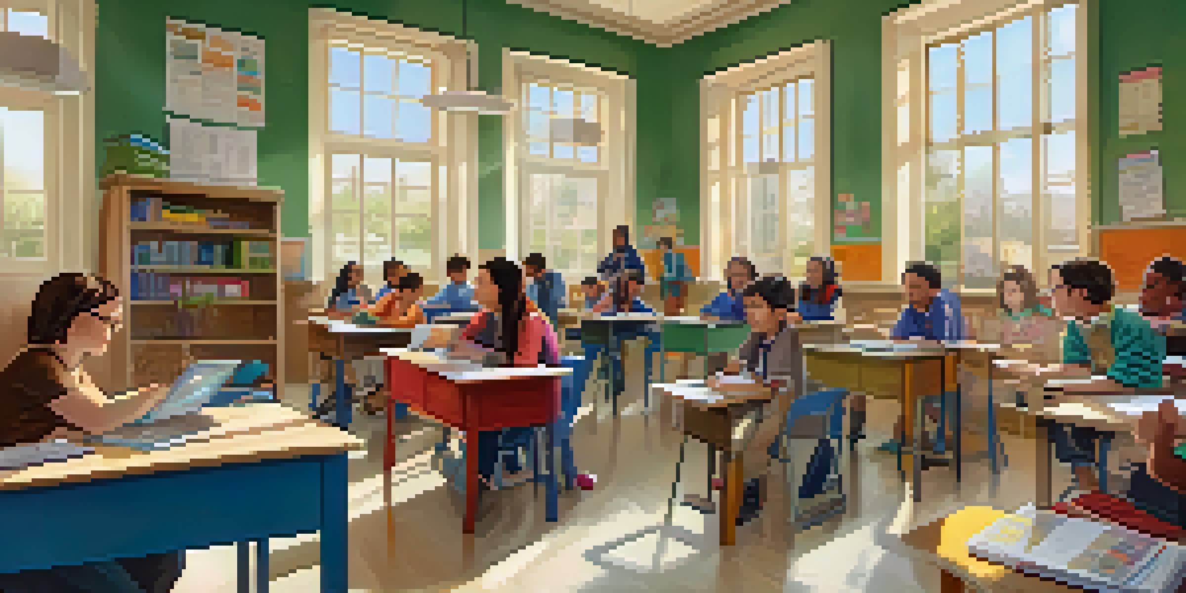 A classroom filled with diverse students using digital tablets and engaging with educational materials, illuminated by sunlight.