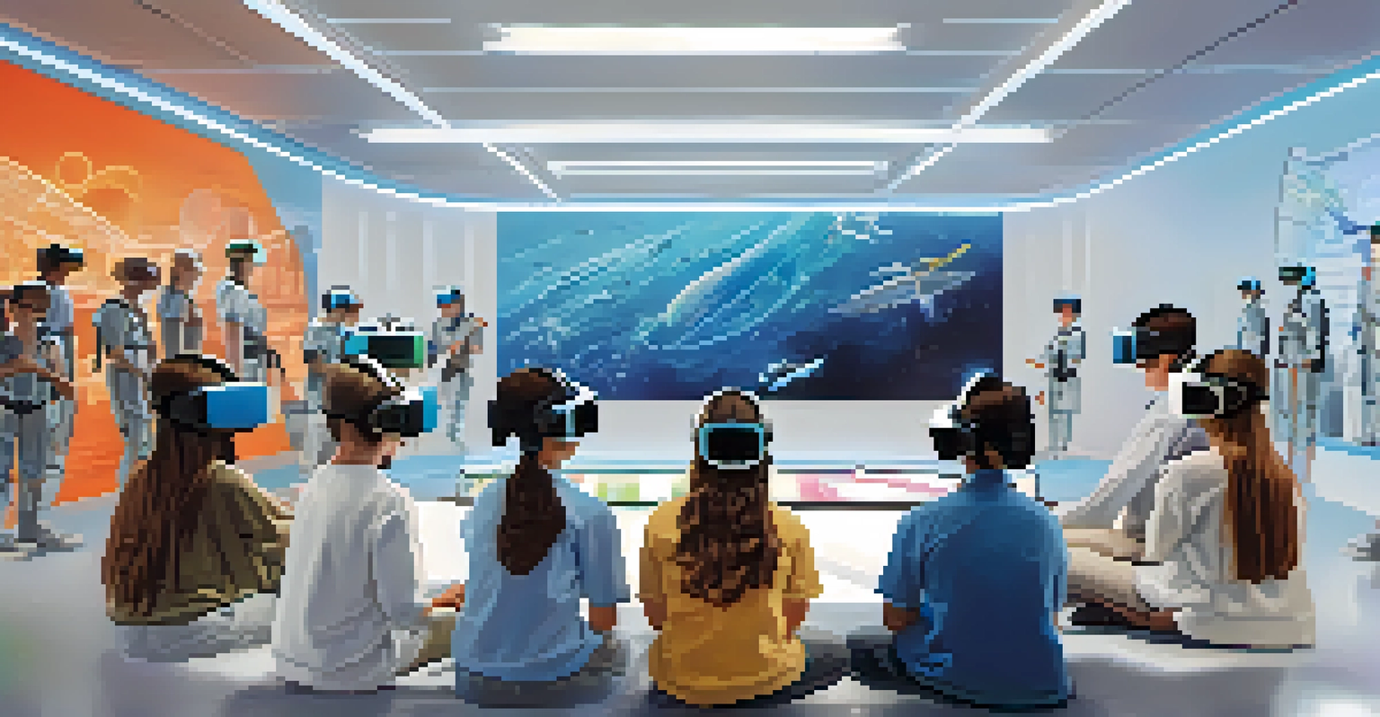 Students engaged in immersive learning experiences using virtual reality technology in a modern classroom.