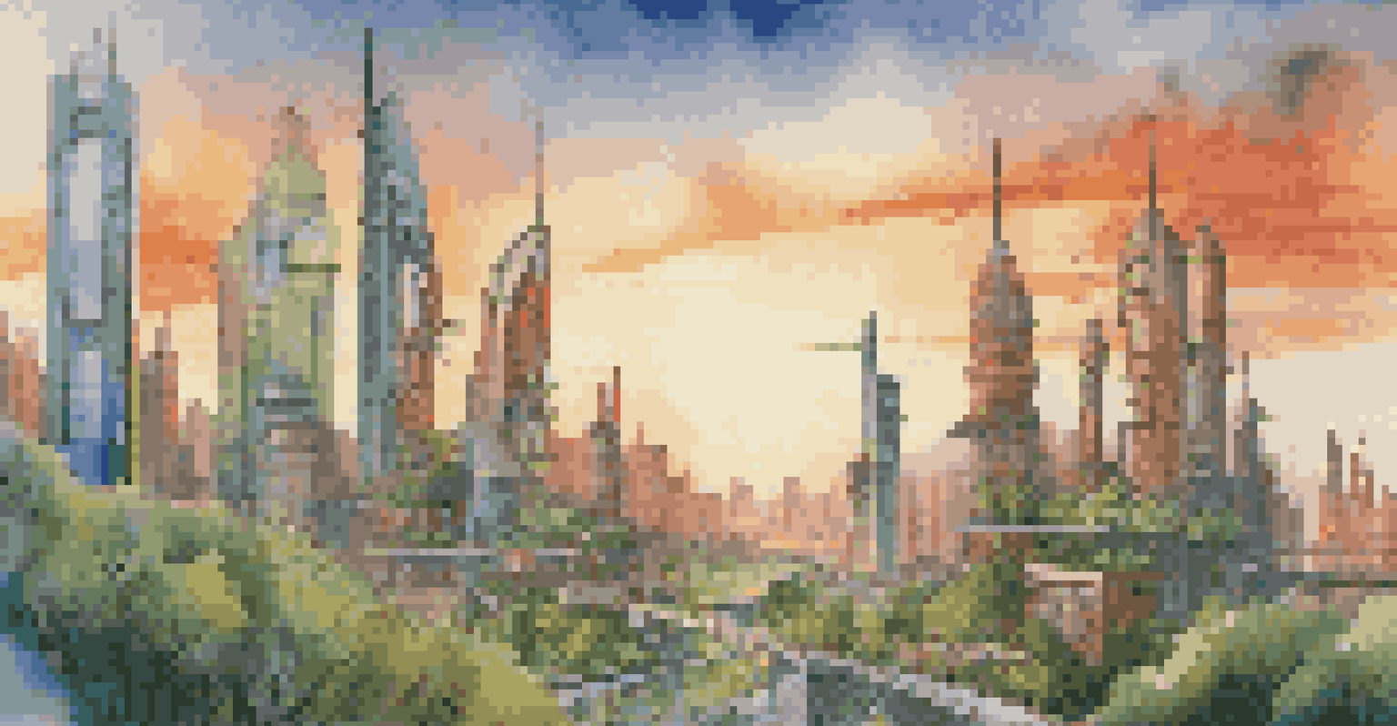 A futuristic city skyline combining architecture and technology, with artistic buildings and sunset colors.