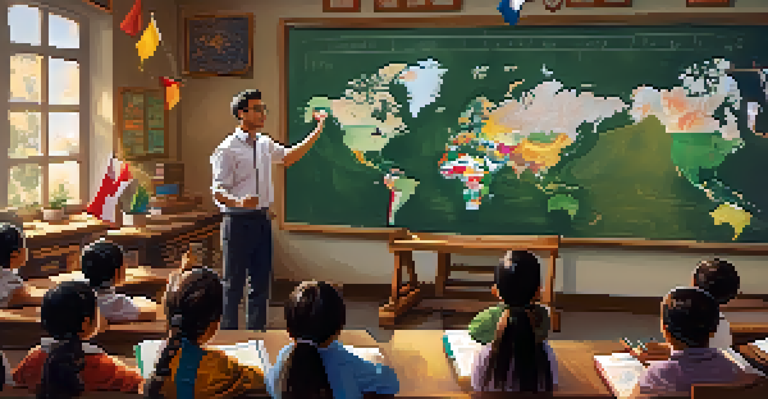A teacher engaging students in a lesson about world cultures in a well-decorated classroom.