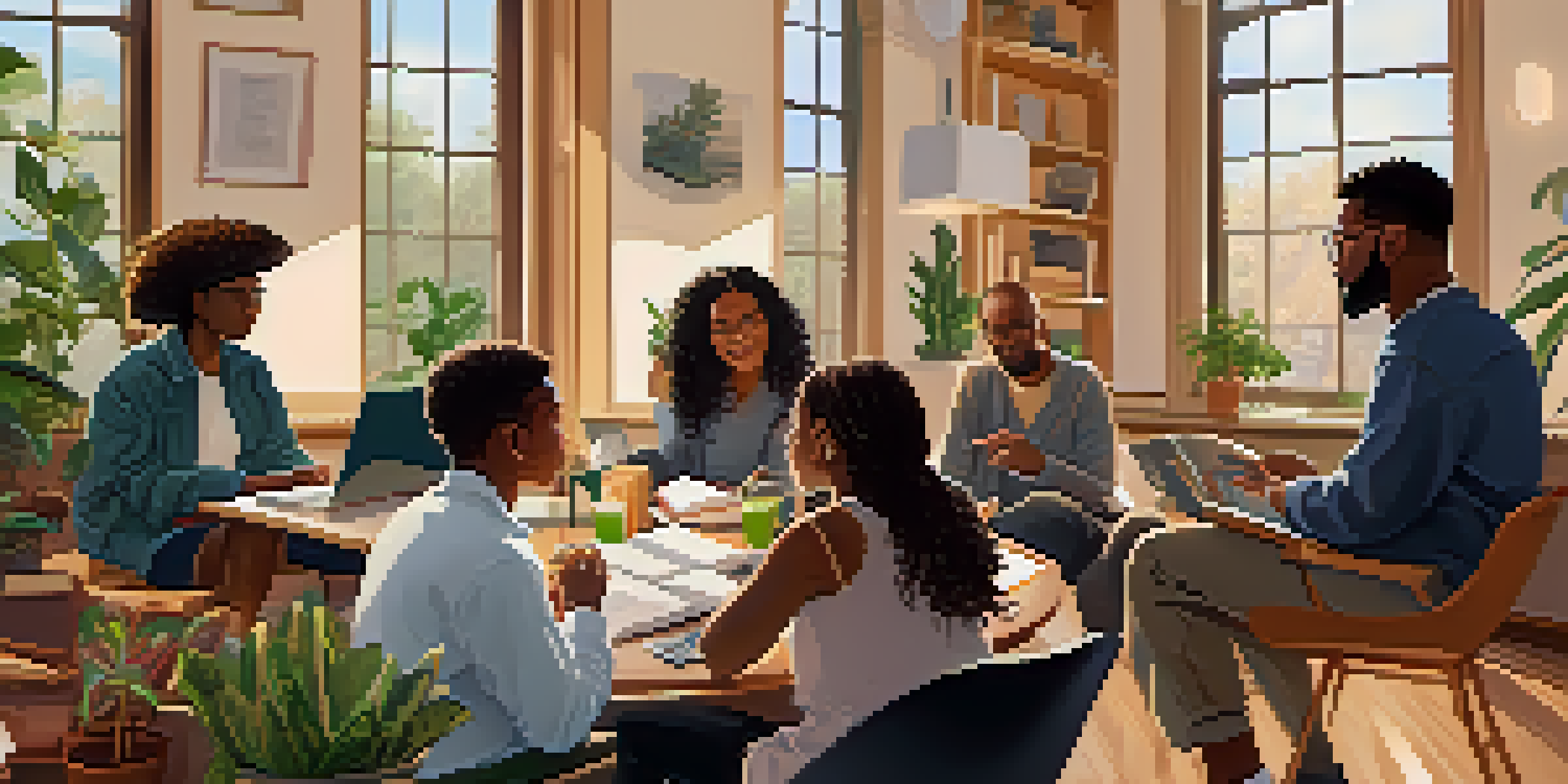 A diverse group of mentors and mentees having a discussion around a table, surrounded by books and laptops, in a bright and inviting room.