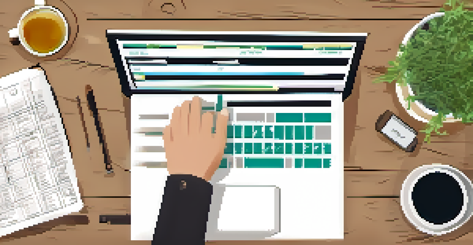 Close-up of hands budgeting on a laptop with a calculator and tea, set in a warm, rustic workspace.