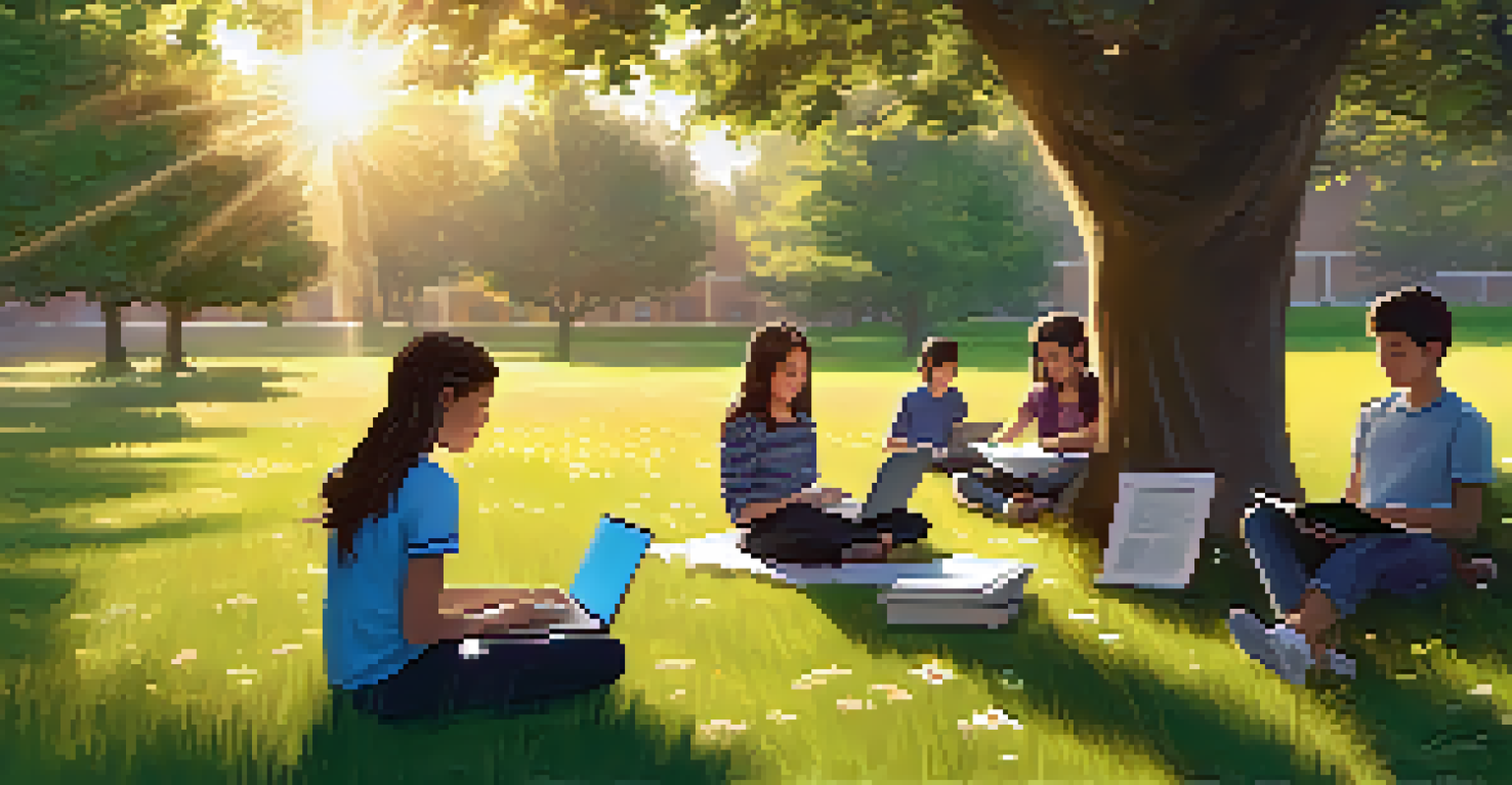 Students learning outdoors on a grassy field, with laptops and notebooks, and a teacher facilitating a discussion under the trees.