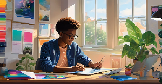 A student focused on a laptop with a digital e-portfolio, surrounded by colorful stationery and plants, in a well-lit workspace.