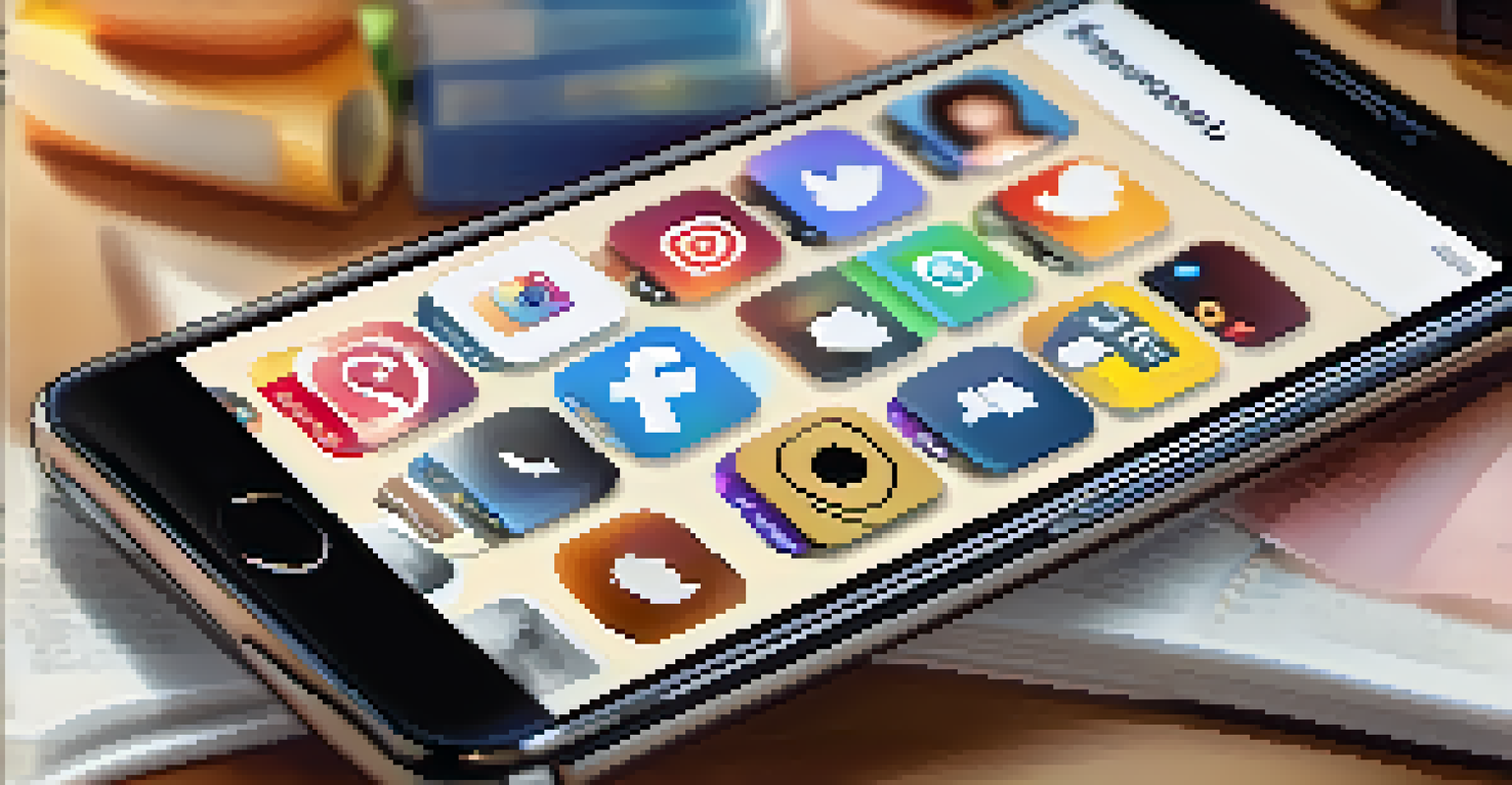 A smartphone showing educational content on a social media app, surrounded by study materials, in a warm and inviting study space.