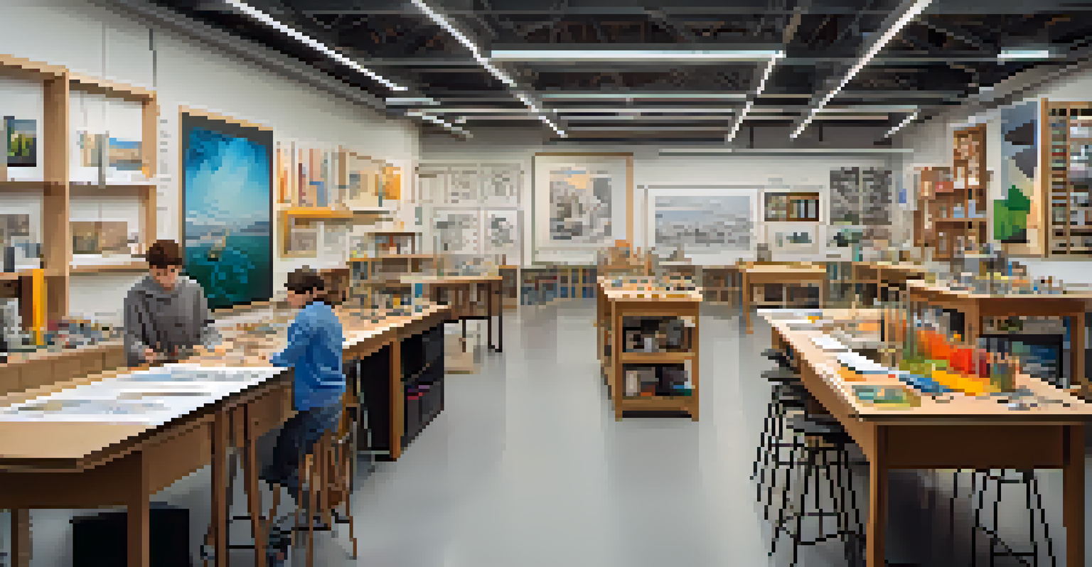 A workshop where students are building a model bridge using recycled materials, surrounded by art and engineering displays.