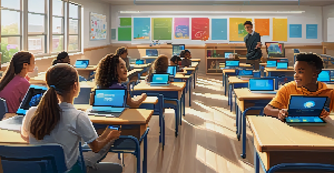 A vibrant classroom scene with students of different backgrounds using tablets, engaged in adaptive learning, with a teacher facilitating.