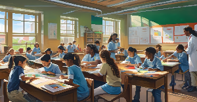 A colorful classroom with students working together on a science experiment, showcasing curiosity and collaboration.