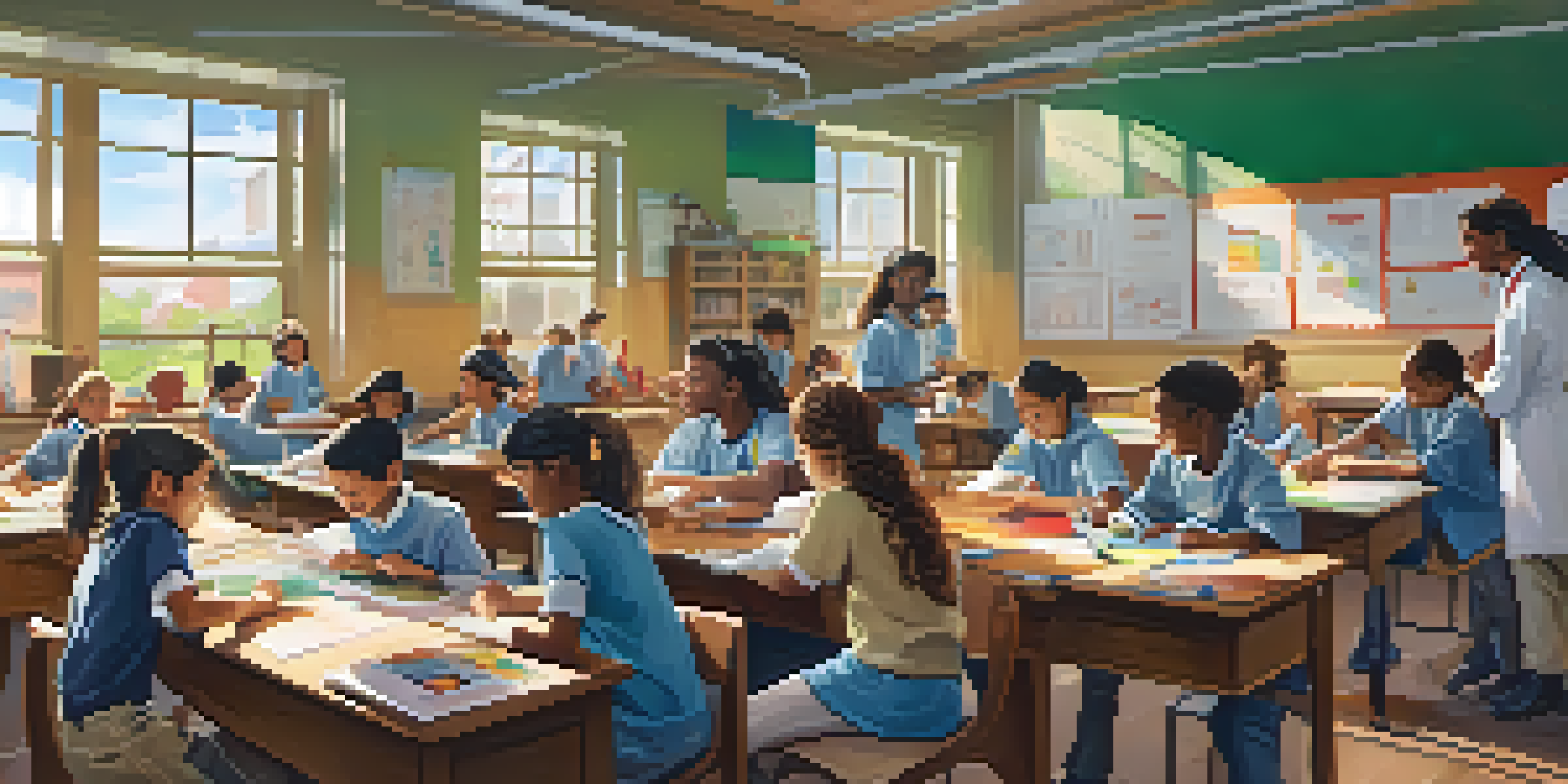 A colorful classroom with students working together on a science experiment, showcasing curiosity and collaboration.