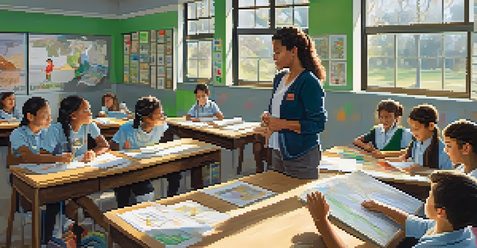 A diverse classroom with students of various backgrounds engaged in a hands-on lesson, with bright sunlight streaming in through the windows.