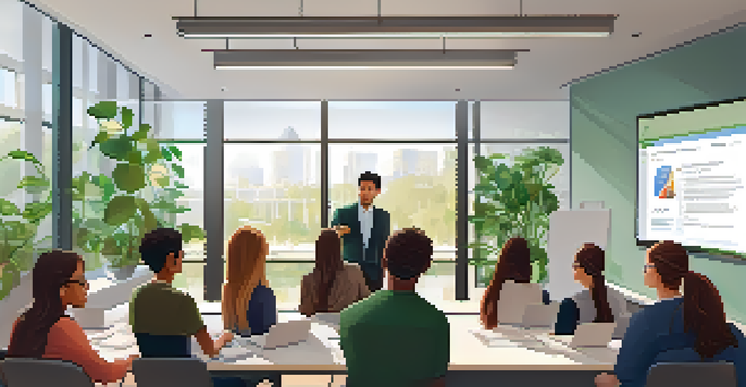 A researcher explaining ethical standards to students in a conference room.