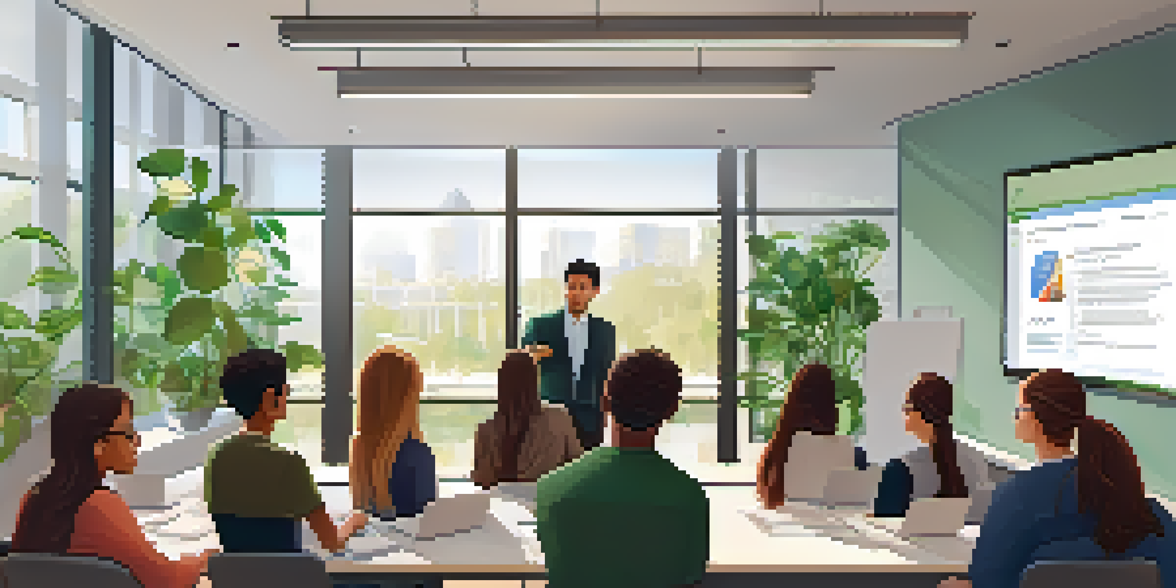 A researcher explaining ethical standards to students in a conference room.