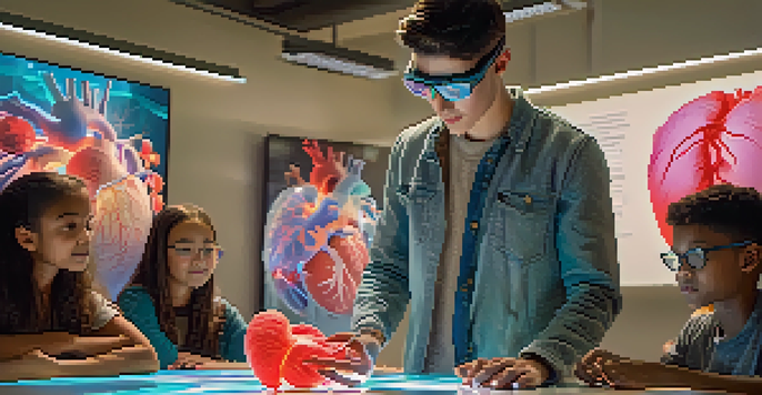 A student wearing AR glasses interacts with a glowing 3D model of a human heart in a vibrant classroom with other students around.