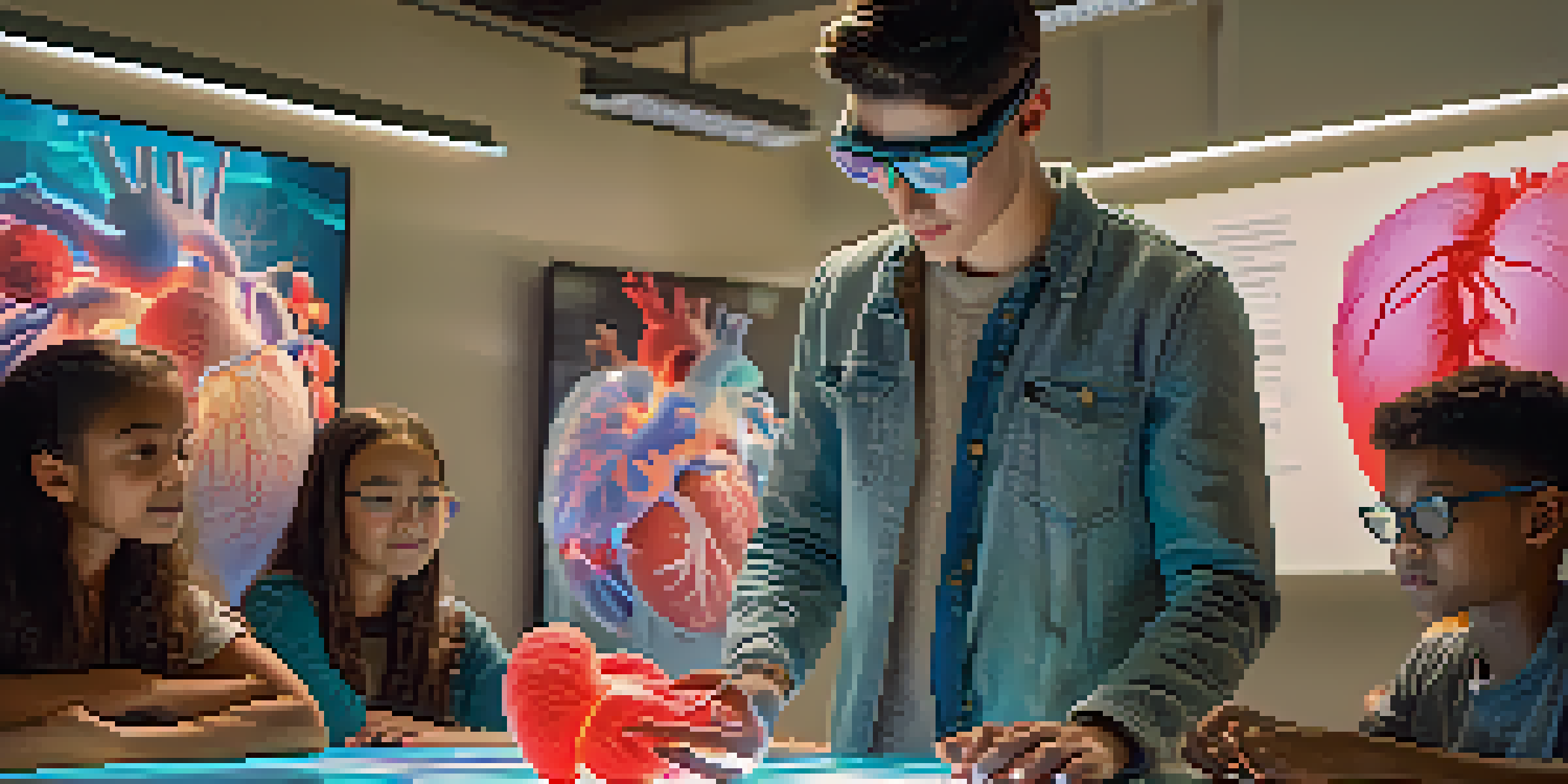 A student wearing AR glasses interacts with a glowing 3D model of a human heart in a vibrant classroom with other students around.