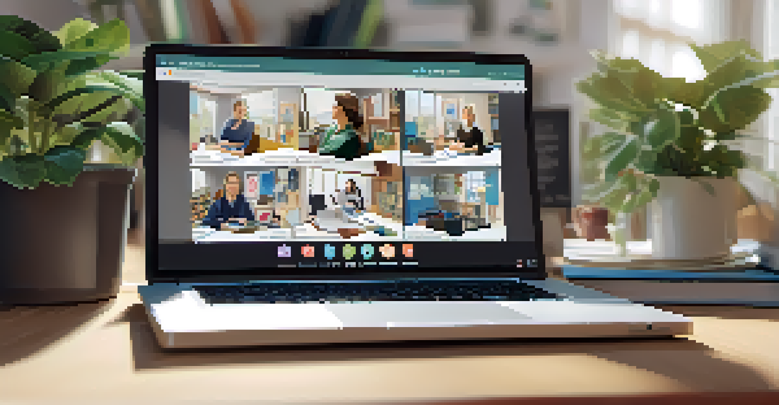 An online classroom scene on a laptop showing a virtual lecture on global health, with a modern home office setup in the background.