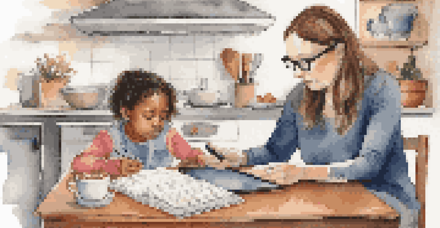 A parent and child studying together at a kitchen table, with a tablet showing educational content and study materials surrounding them.