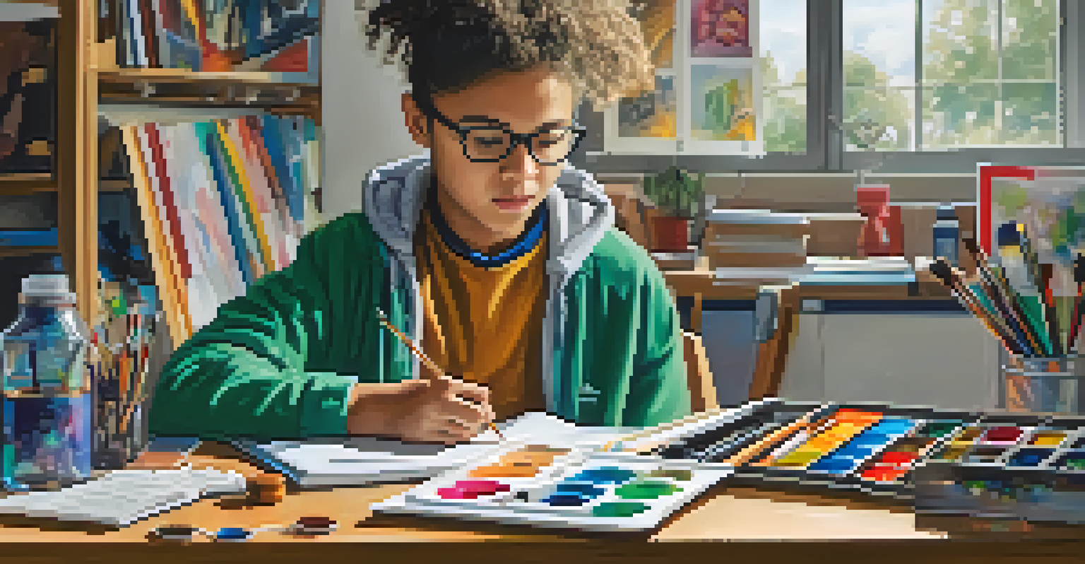 A focused young student working on an art project that blends science and creativity, surrounded by colorful materials.