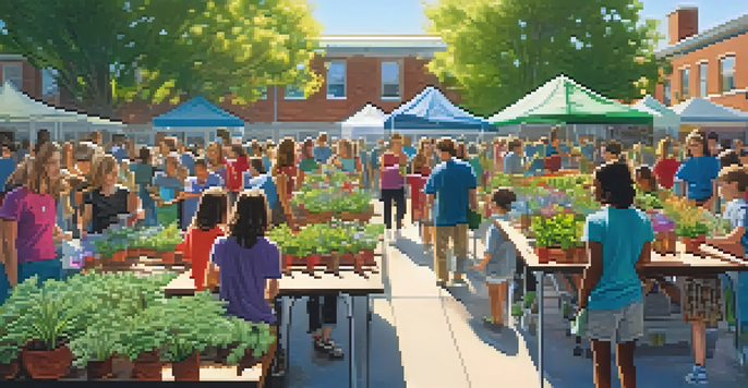 A lively outdoor school plant sale fundraiser with students and parents engaging around colorful tables filled with plants.