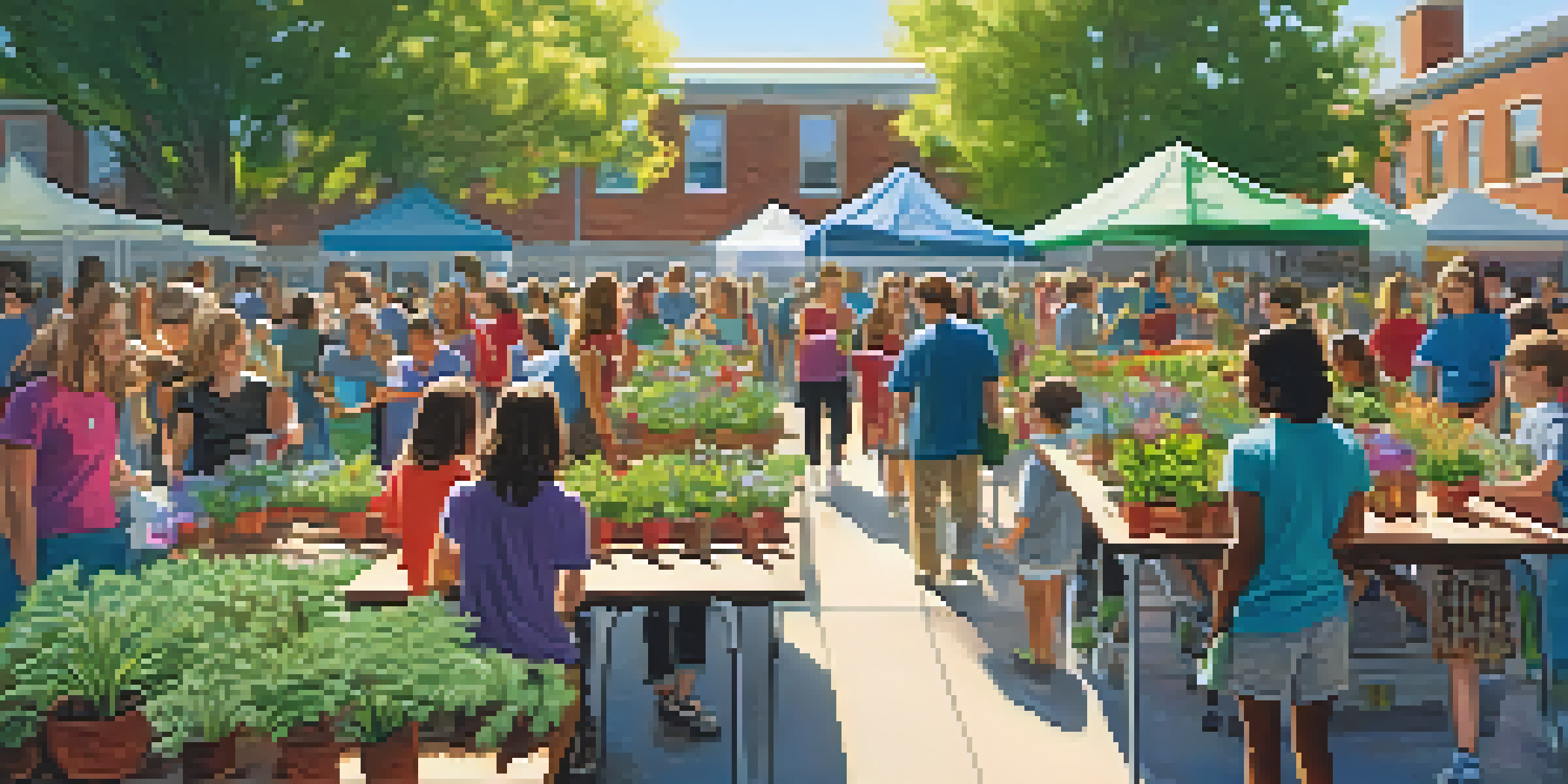 A lively outdoor school plant sale fundraiser with students and parents engaging around colorful tables filled with plants.